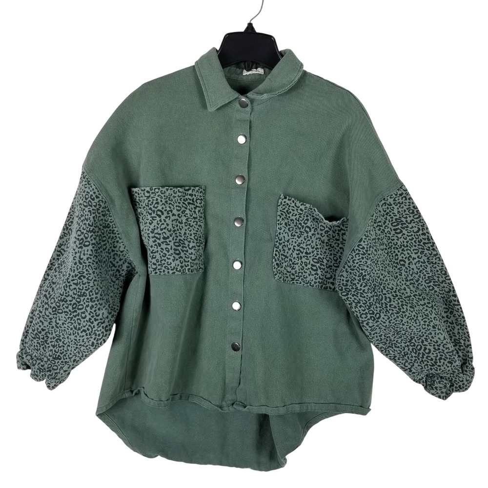 POL Shacket Women Small Green Leopard Print Contrast Cotton Twill SMT1165